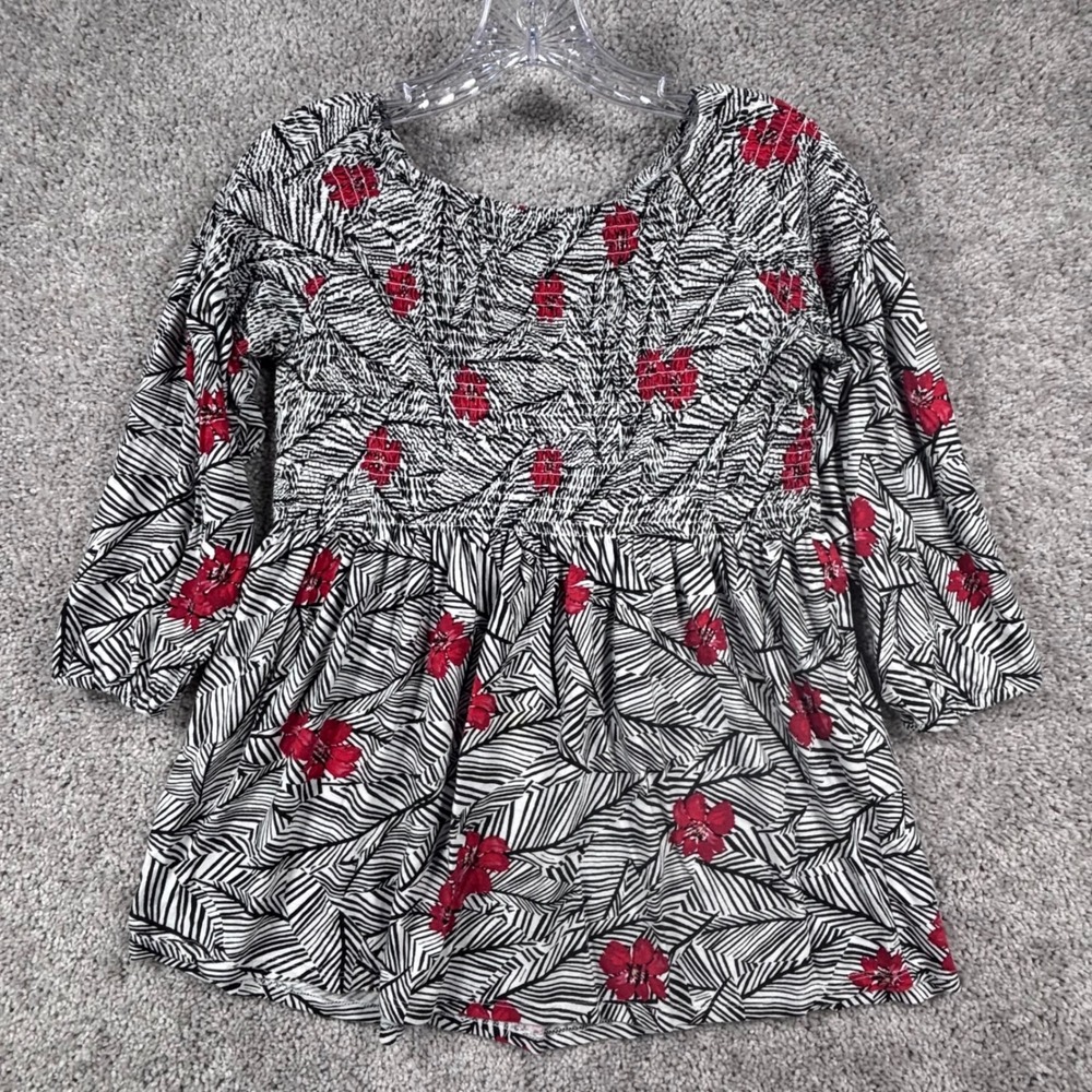J. Jill Womens Petite Small Smocked Floral Tropical Blouse Cotton
